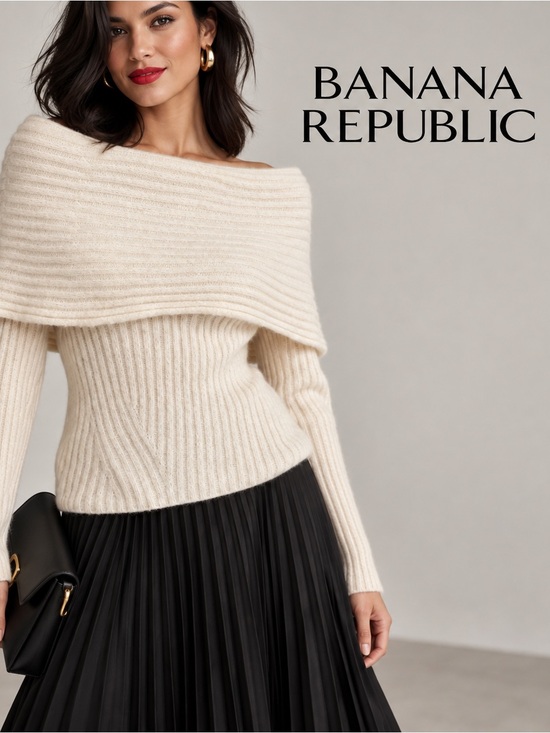 Banana Republic Sweaters - 🌸Banana Republic Cream Off-Shoulder Ribbed Foldover Sweater size L Quiet Luxury